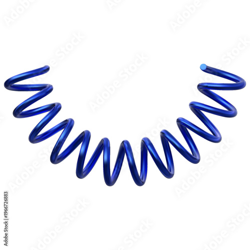 Metal spring, curved extended blue coil 3D vector icon, realistic flexible spiral metal wire bent, springy coil bent