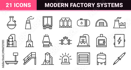 Industrial Manufacturing and Factory Infrastructure Minimalist Geometric Line Art Set for Supply Chain and Energy Production Logistics