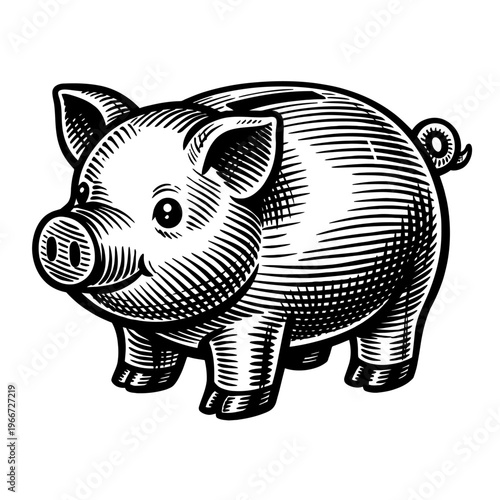 Charming Engraved Piggy Bank Icon: A Classic Black and White Illustration Symbolizing Smart Savings, Financial Planning, Wealth Accumulation, and Future Security. Perfect for Banking, Budgeting, and I