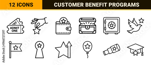 Exclusive Loyalty Rewards and Premium Benefit Incentive Symbols, Minimalist Monoline Geometric Line Art for Commercial Interface Design