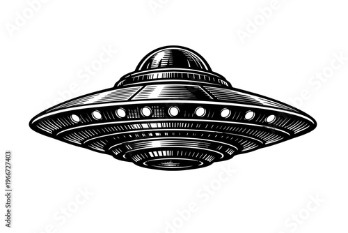 Classic black and white UFO illustration in vintage engraving style, featuring a retro flying saucer design with sci-fi aesthetic, perfect for alien, space, and mystery themes, ideal for digital art.