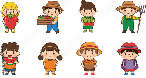 Cute Farmer Kids Cartoon Collection Featuring Children Harvesting Fruits Vegetables and Farming Tools in Flat Style for Agriculture and Educational Design Projects.