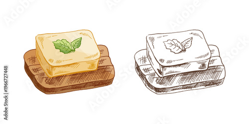 Hand drawn vintage sketch of butter block on bread slice with mint leaf colored and monochrome set illustration