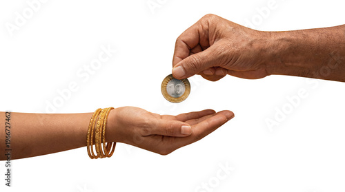 Vishu Kaineettam Tradition, Elder Giving Indian Rupee Coin to Woman for Kerala New Year, Concept of Prosperity and Blessing, Isolated on transparent background