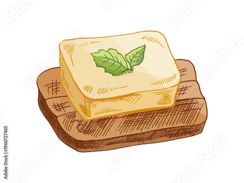 Hand drawn vintage sketch of butter block on bread slice with mint leaf dairy food illustration colored