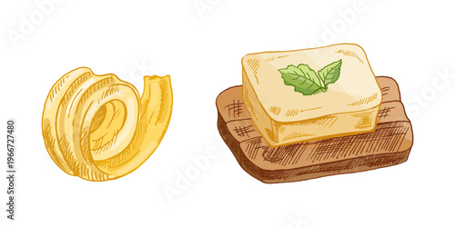 Hand drawn vintage sketch of butter curl and butter block on bread slice dairy food colored set illustration