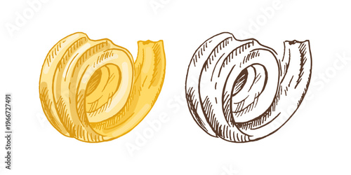 Hand drawn vintage sketch of butter curl dairy product spiral slice detailed food ingredient colored and monochrome set illustration