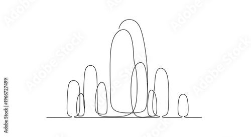 Abstract minimalist continuous line drawing of organic shapes resembling a cityscape or mountain range.