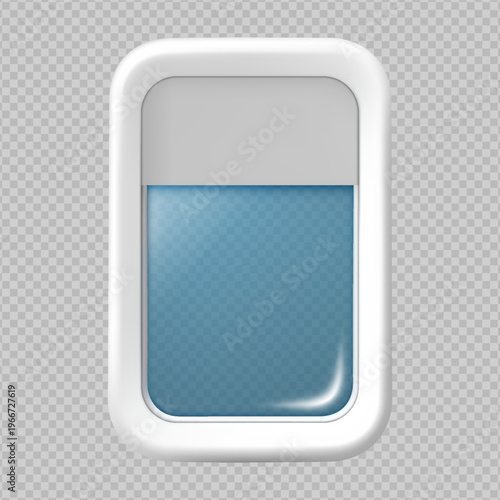 Airplane window porthole with open glass inside view, 3D vector illuminator rectangle window and fuselage glass porthole