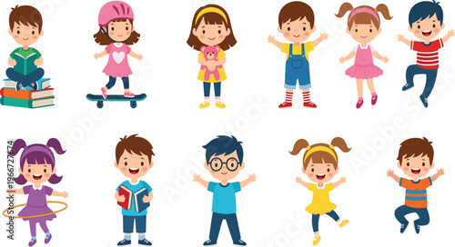 Cute Kids Character Collection Featuring Children Playing Reading Skateboarding Dancing and Jumping in Flat Cartoon Style for School and Lifestyle Design Projects.