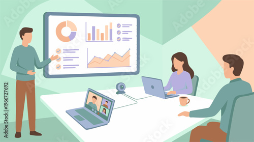 Business Meeting Presentation with Data Analytics and Hybrid Video Conference