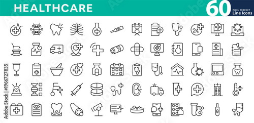 Healthcare line icon set. Telemedicine, emergency, care, doctor, treatment, medical, report, diagnosis, health, prevention, vector stroke. Editable linear icons