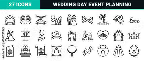 Minimalist monoline geometric line art featuring family life events and wedding celebration ceremonies for modern digital interfaces.