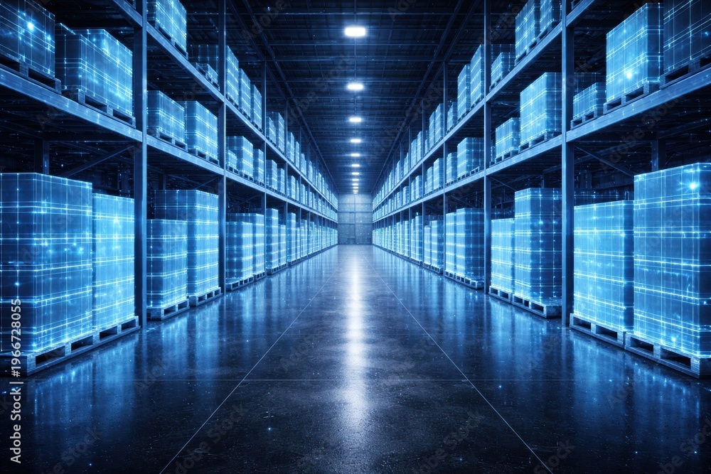 Fototapeta premium Digital pallets in warehouse loading center show delivery and transportation with van and automobile logistics in futuristic storage space