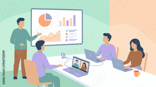 Team business meeting with presentation and hybrid online collaboration