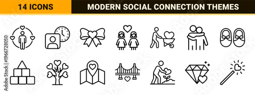Modern Family Relationship and Social Connection Icon Set - Minimalist Geometric Monoline Symbols for Digital UX UI Design and Branding