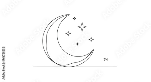 Crescent Moon and Stars Line Art, Night Sky Celestial Graphic