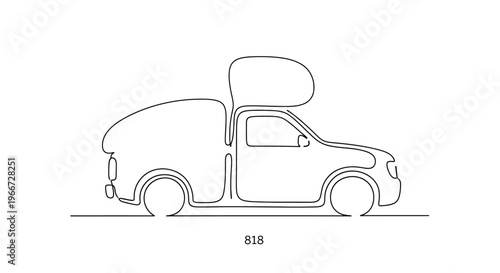 Minimalist Single Line Drawing of a Pickup Truck with Camper Shell, Vehicle Icon