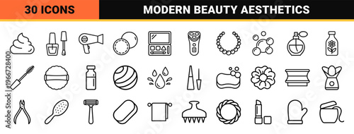 Beauty and Personal Care Linear Icon Set featuring Minimalist Monoline Style for High-end Fashion and Cosmetic Industry Branding Design.