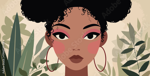 Stylized Afro Woman Portrait With Freckles and Hoop Earrings Vector Illustration