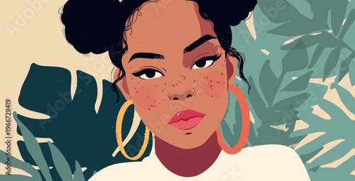 Stylized Afro Woman Portrait With Freckles and Hoop Earrings Vector Illustration
