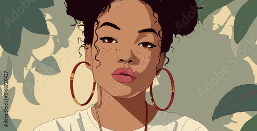Stylized Afro Woman Portrait With Freckles and Hoop Earrings Vector Illustration