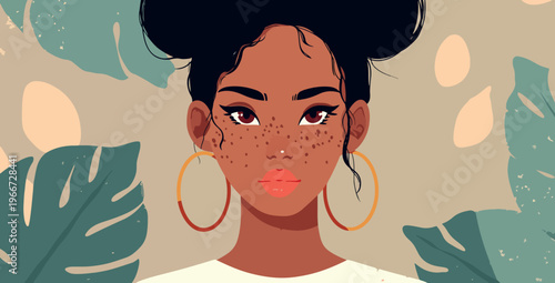 Stylized Afro Woman Portrait With Freckles and Hoop Earrings Vector Illustration
