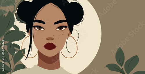 Stylized Afro Woman Portrait With Freckles and Hoop Earrings Vector Illustration