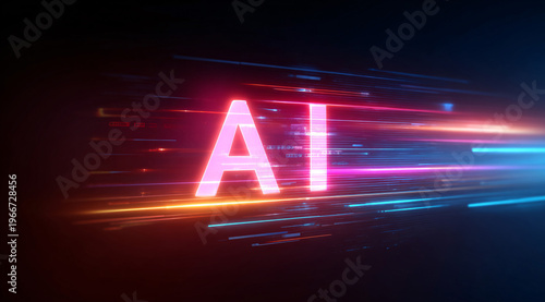 Neon Pink AI Text with Light Streaks on Dark Background Technology Concept