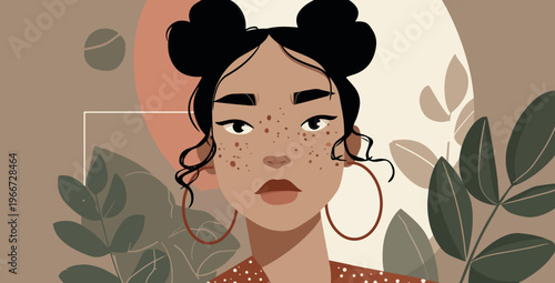 Stylized Afro Woman Portrait With Freckles and Hoop Earrings Vector Illustration