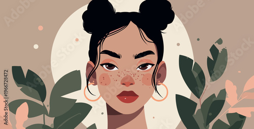 Stylized Afro Woman Portrait With Freckles and Hoop Earrings Vector Illustration