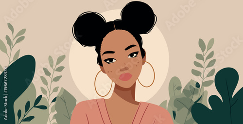 Stylized Afro Woman Portrait With Freckles and Hoop Earrings Vector Illustration