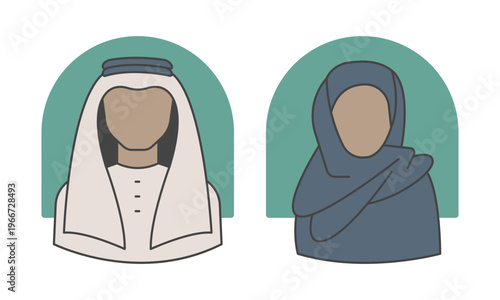 Arabic people illustration. Saudi man and woman in traditional middle east clothers. Muslim couple icon. Vector