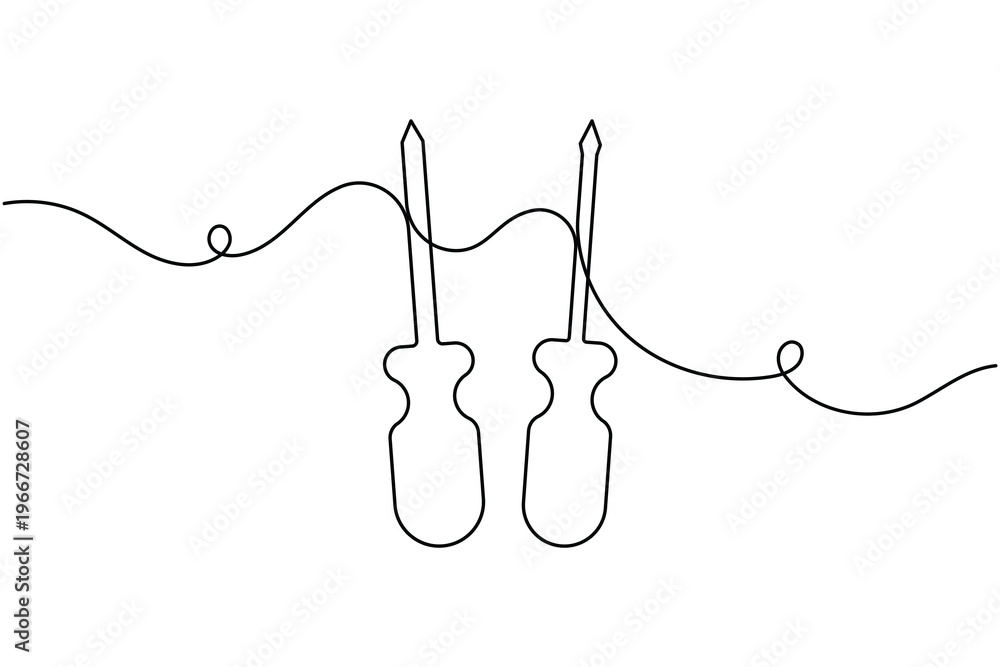 Obraz premium Two screwdrivers icon continuous one line art single drawing on white background minimal repair tools symbol outline vector illustration
