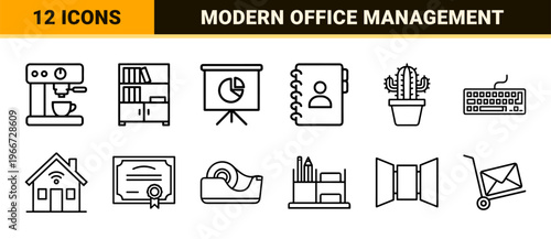 Corporate Workplace and Office Management Linear Elements. Minimalist monoline geometric line art for modern business administration.