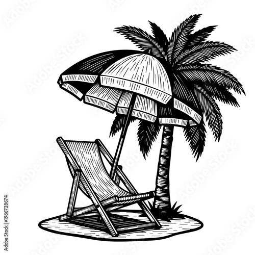 Classic Vintage Style Beach Getaway Scene with Palm Tree, Umbrella, and Lounge Chair Illustration