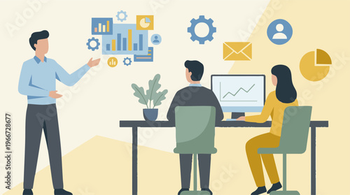 Business Team Analyzing Data and Discussing Strategy in an Office Setting