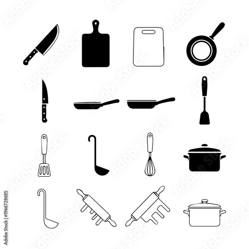Comprehensive collection of essential kitchen utensils and cooking tools in sleek silhouette icons
