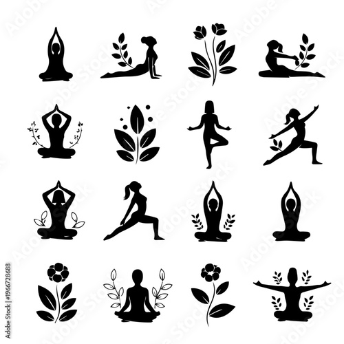 Yoga Poses and Nature Elements Silhouette Collection
