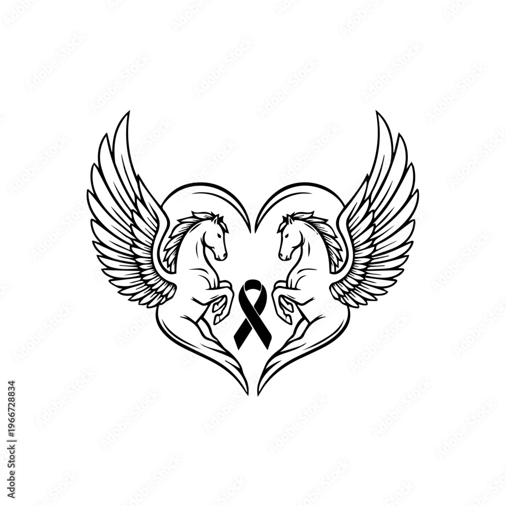 Fototapeta premium Symmetrical winged horses create a heart symbol with a black ribbon