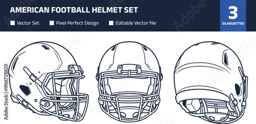 American football helmet set, protective gear icons, front, side and back views vector illustration for sport, safety and team equipment design