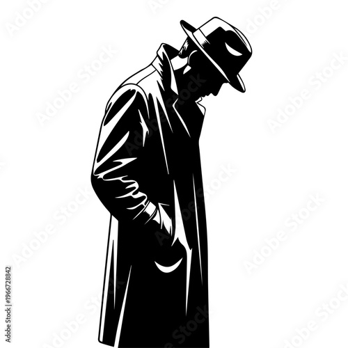 Silhouette of a man in a classic trench coat and fedora, a timeless symbol of mystery