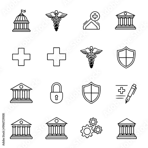 Set of healthcare and legal icons representing institutions and security