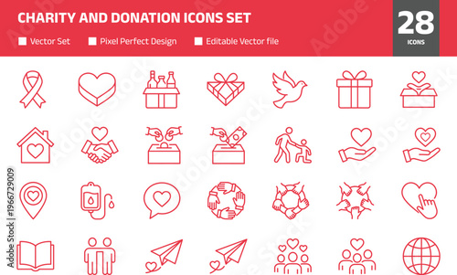 Charity and donation icons set, love, care, support, volunteering and helping hands symbols vector collection for nonprofit, community and social service design