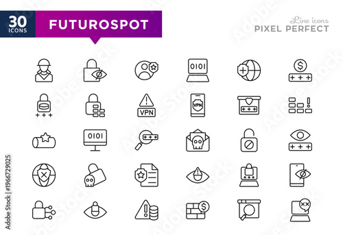Futurospot line icon set. Network, deep web, black market, sharing, data leak, confidentiality, freedom, darknet, website, cyber outline vector icons