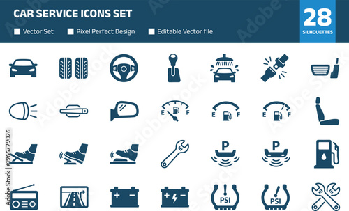 Car service icons set, automotive dashboard symbols, vehicle maintenance tools, parking sensor, fuel gauge, tire pressure vector collection for auto repair and transport