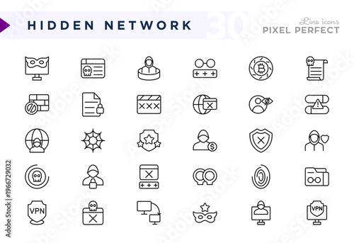 Hidden network line icon pack. Darknet, deep web, black market, dark, side, website, cyber outline vector icons