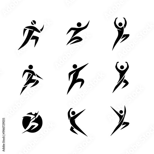 Collection of stylized abstract human figures in dynamic action poses for logos