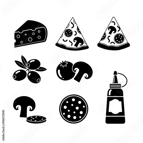 Essential Culinary Elements A Collection of Delicious Pizza Ingredients and Food Product Icons