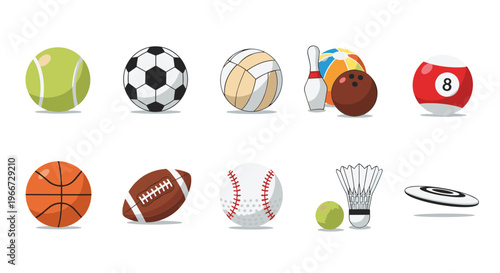 Diverse Collection of Sports Balls and Game Equipment Flat Design Icons